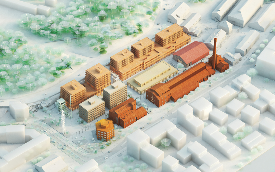 Flygvy över byggnader i Gasverksområdet, illustration.
