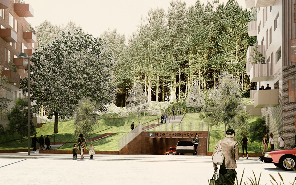 Infart till parkeringsgarage mellan två flerbostadshus, i bakgrunden syns en skogsdunge. Människor och bilar i rörelse, illustration.