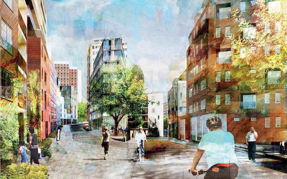 Bostadshus, träd, gata och trottoar. Människor som cyklar och promenerar. Illustration.