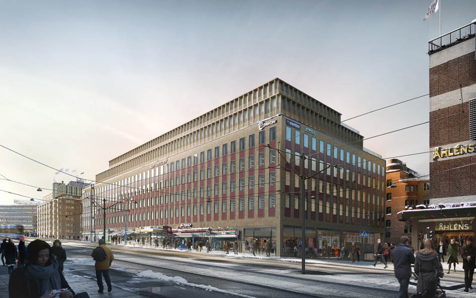Kontorshuset Orgelpipan 7 i bild vid Klarabergsgatan och Klara Norra Kyrkogata. Människor i rörelse. Illustration