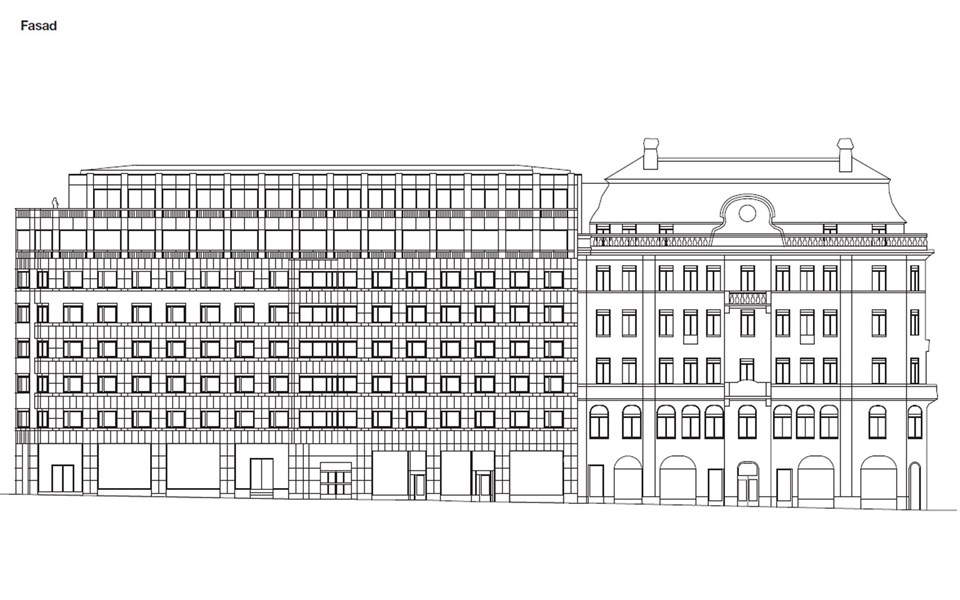 En illustration i svartvitt. Fasaden till två höga byggnader där den ena är i gammal stil och den andra i modern stil.