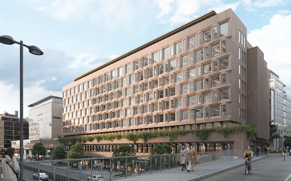 Illustration av en ny byggnadsfasad mot Sveavägen med modern design och en stilren gavelfasad mot Malmskillnadsgatan.
