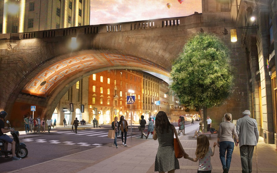 Belyst bro över Kungsgatan. Människor promenerar och korsar gatan vid övergångsställe, illustration.
