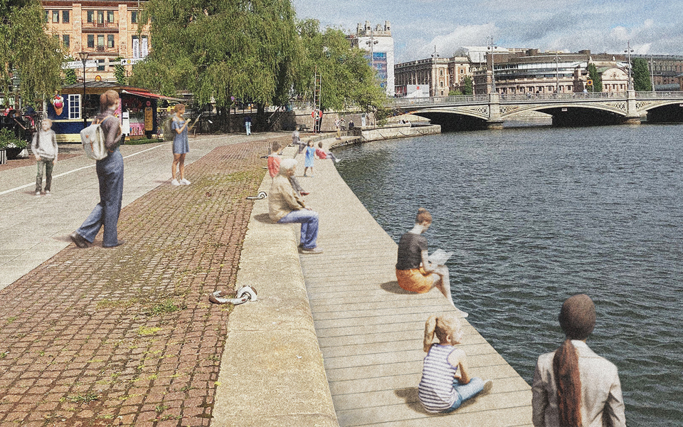 En kajplats intill vattnet. Människor som sitter och promenerar, illustration.