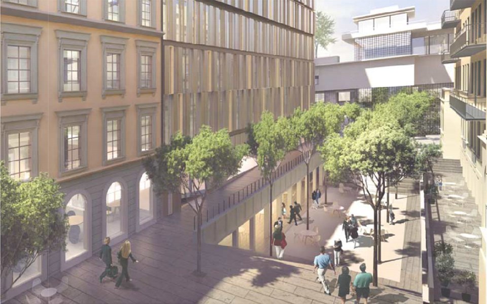 Passage med trappa ner under marknivå med omgivande byggnader, människor i rörelse, illustration.