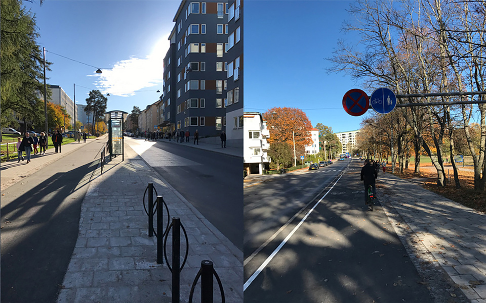 Människor som promenerar bredvid cykelbana. Cykel som cyklar på cykelbana. Foto.