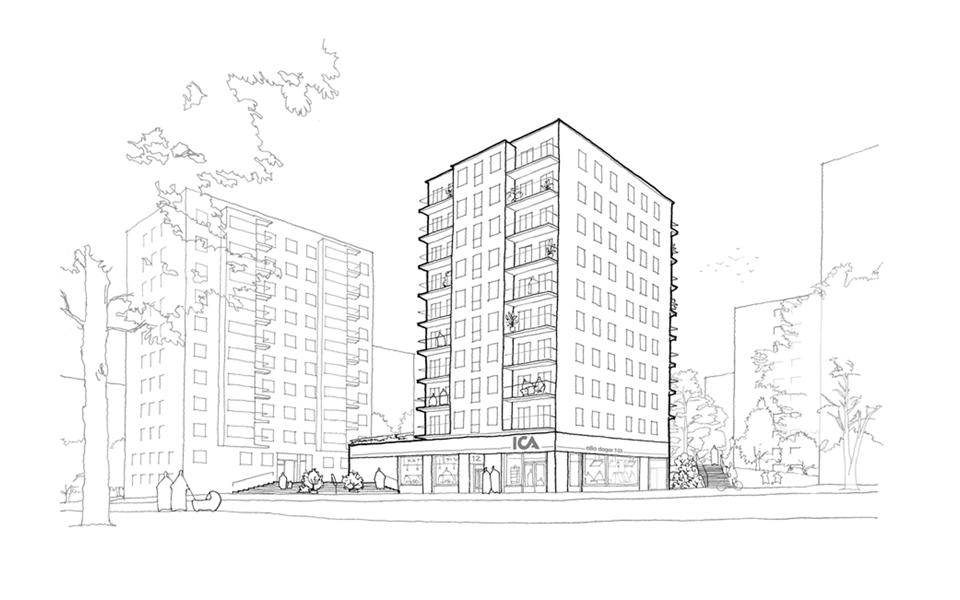 Illustration av området sett från ovan med flera punkthus i omringade av grönska och vägar. 