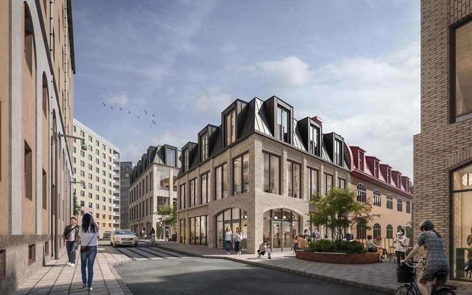 Gata med bilkörfält, övergångsställe, trottoar, med omgivande byggnader i stadsmiljö. Människor i rörelse, illustration.