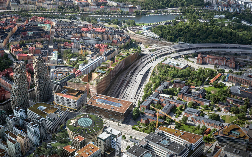 Flygbild som visar vision över byggnader i västra Hagastaden.