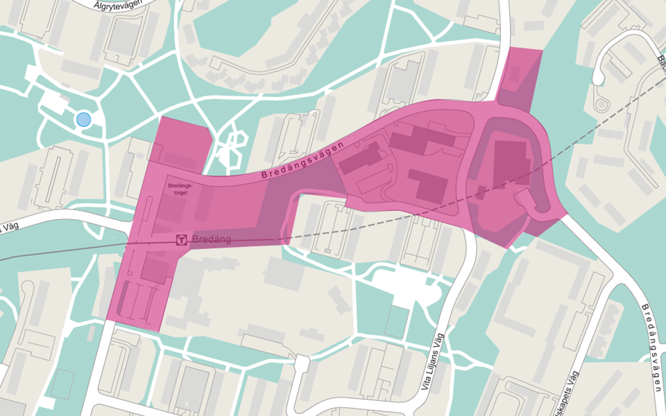 Kartbild över Bredäng. Planområdet vid centrala Bredäng och längs Bredängsvägen är markerat med rosa färg. 