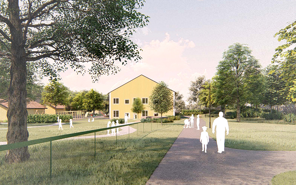 En gångväg med barn och vuxna som promenerar. Vid kanten finns gräsytor med träd och  en förskolegård med lekanade barn, illustration.