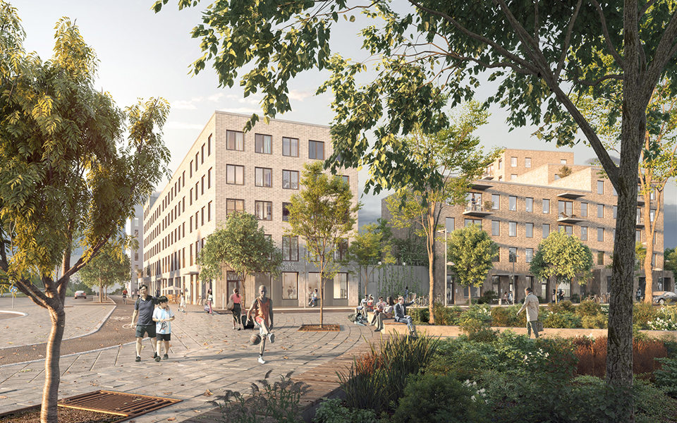 Ljusa tegelhus i flera våningar. Människor promenerar längs ett promedstråk och park, illustration.