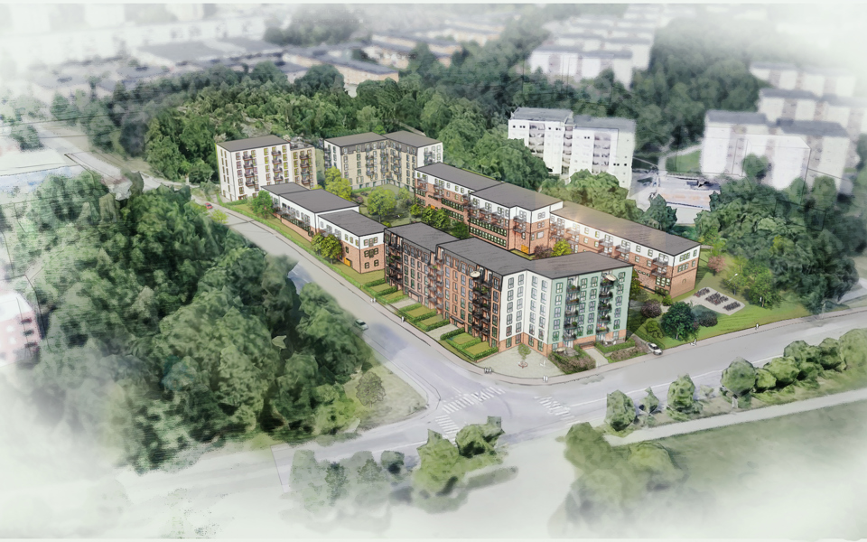Flervåningshus från ovan omgivet av träd och grönområden, illustration.