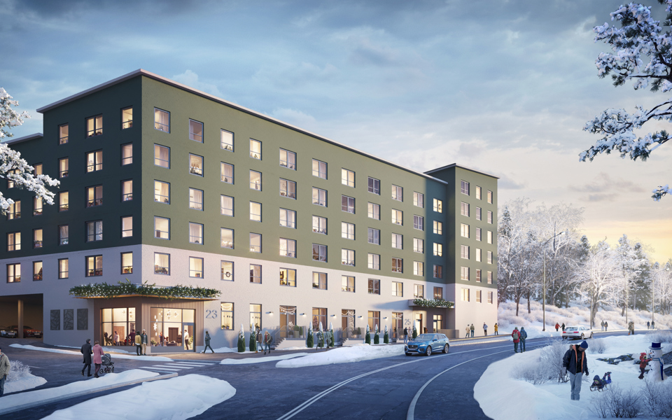 Flerbostadshus med grön fasad i vintermiljö, människor i rörelse, illustration.