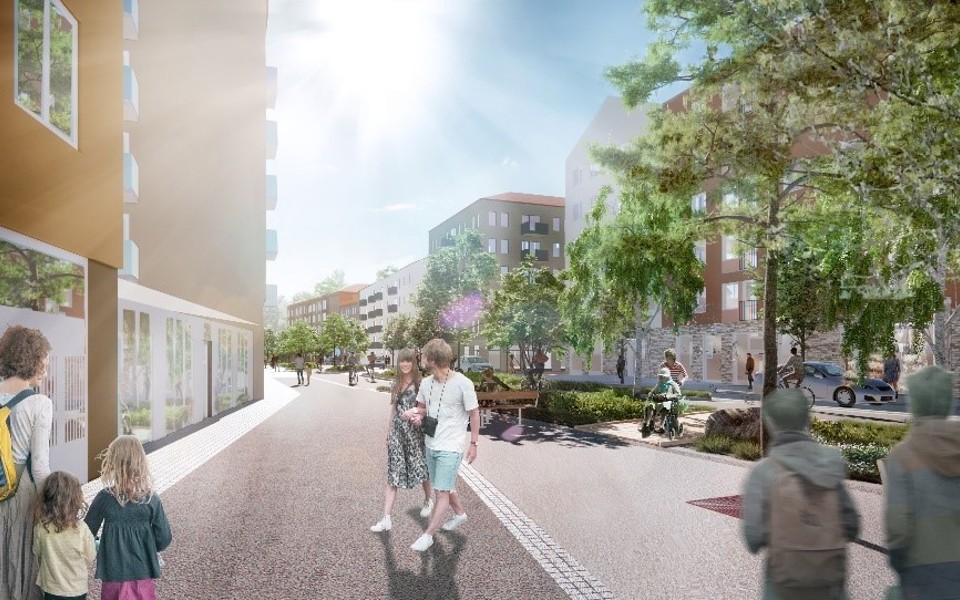 Flerbostadshus på båda sidor av en gata med bred trottoar, grönytor och träd. Människor i rörelse. Illustration
