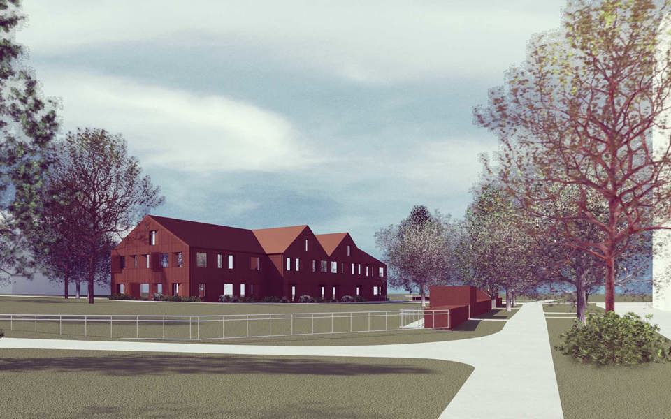 Ett stort rött hus i tre våningar med vinklat tak.  Den stora gräsmattan är omgärdad av staket. Illustration.