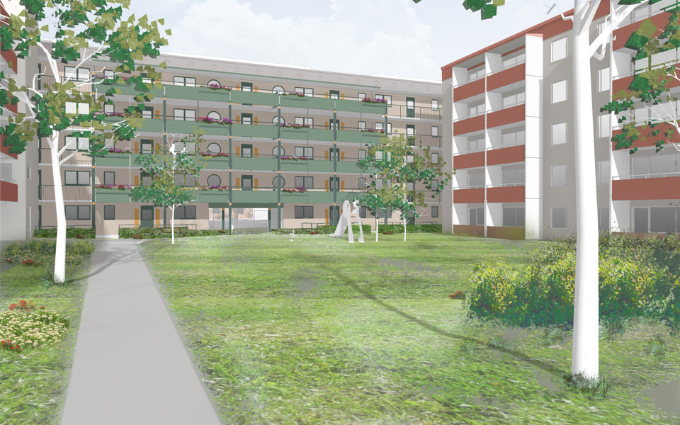 Gård med gröna balkonger, gräs, träd och flerbostadshus i bakgrunden, illustration.
