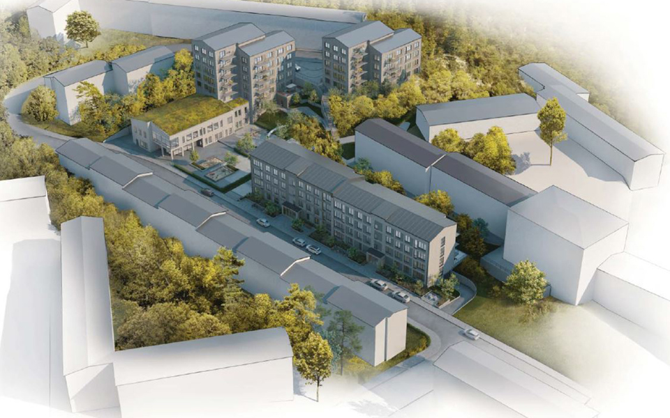 Bostäder och förskola med växtlighet på taket. Träd och grönt runtomkring. Illustration.