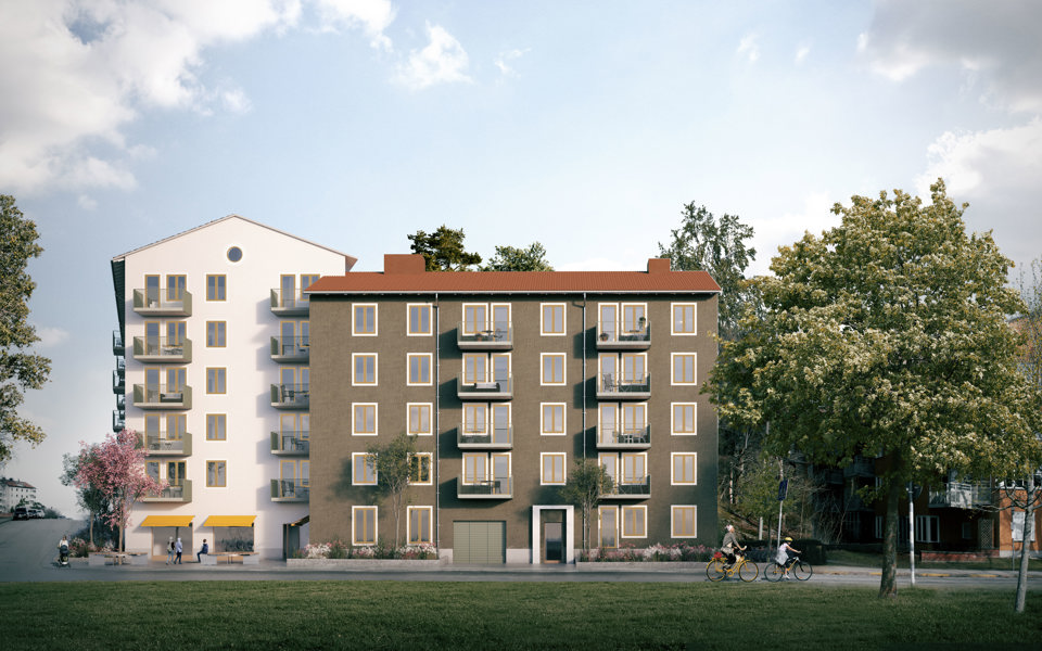 Flerbostadshus sett framifrån med väg, gräsmatta och träd framför.  Cyklister som cyklar, illustration.