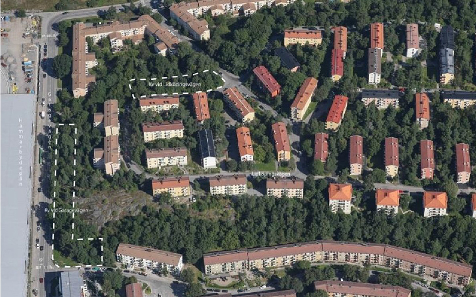 Flygvy över området med planområdet markerat.