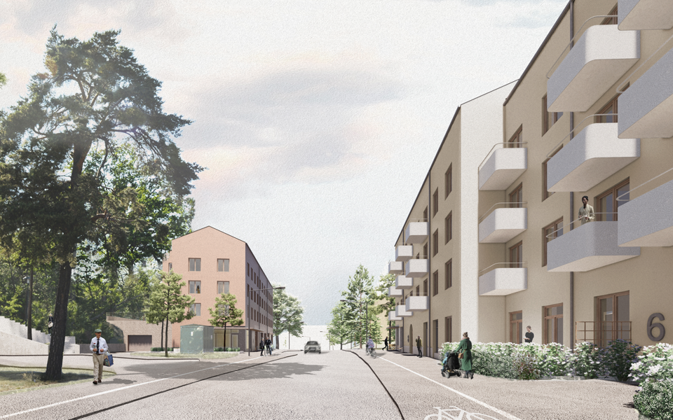 Illustration av en otrafikerad gata med två flerbostadshus på var sida av gatan. 