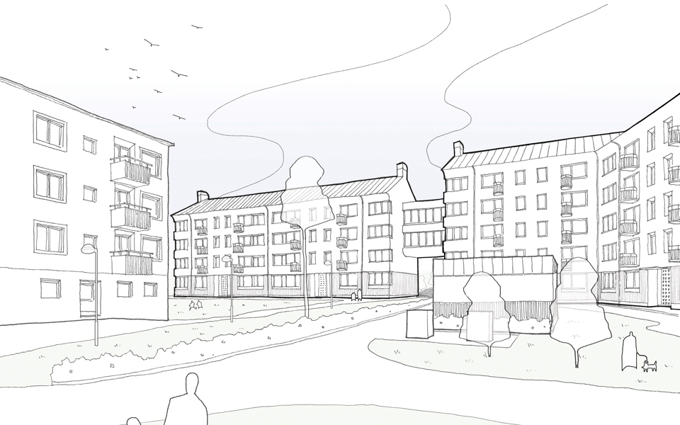 Vy mot gård med flerbostadshus runt, illustration.