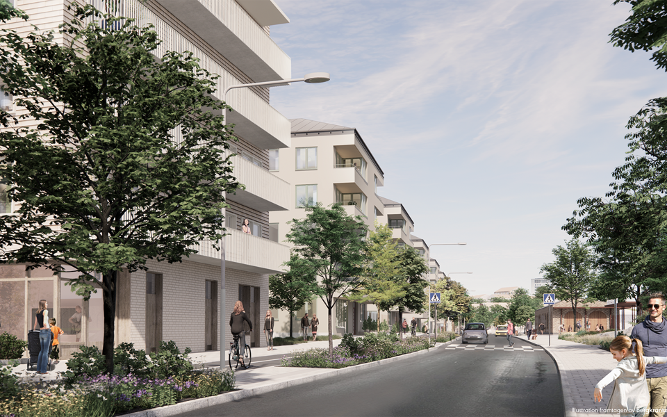 Kvarter med hus längs en gata med träd och växter. 