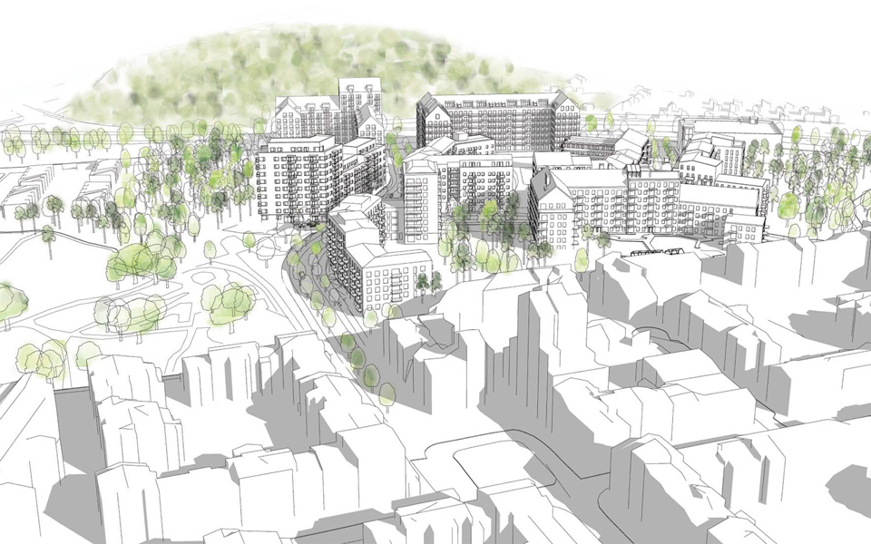 Kartskiss som visar flygvy över förslaget. Bostadshus i ett kvarter och omgivande hus och grönområden. Illustration