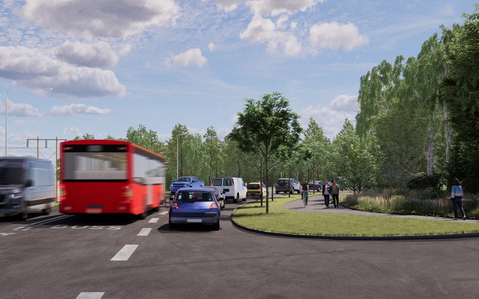 Visionsbild över det föreslagna busskörfältet söderut på Skrubba Malmväg, mellan busshållplats Solkraftsvägen och Gudöbroleden.