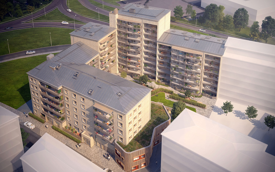 Flygbild som visar ett bostadsområde med lägenheter och innergård med grönytor och träd, illustration.