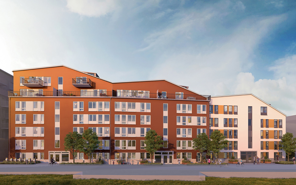Industribyggnader som byggts om till bostäder. Illustration.