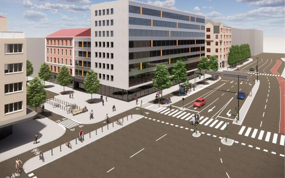 Mellan Hornsgatans förlängning och Långholmsgatan byggs ett torg med en genomgående cykelbana och cykelparkering.