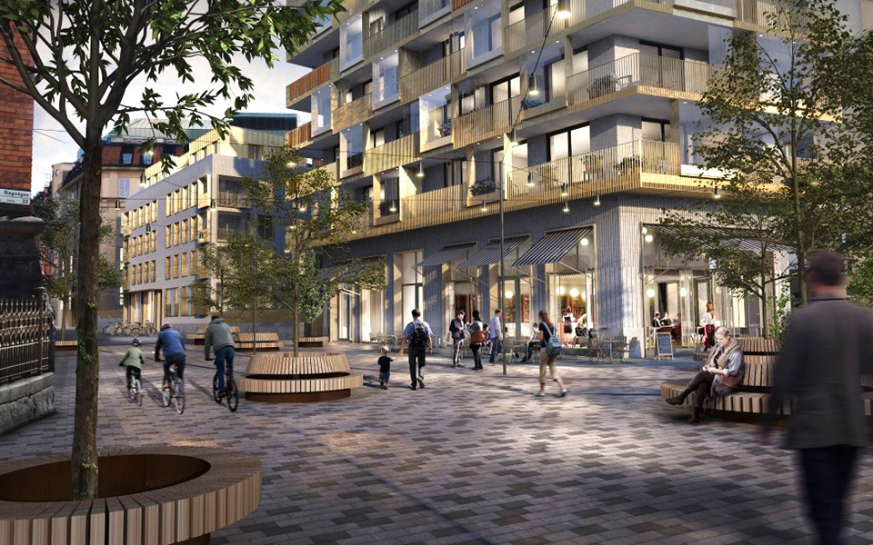 Flerbostadshus vid en gågata med planterade träd, sittplatser och butiker i bottenplan. Människor som cyklar och går. Illustration