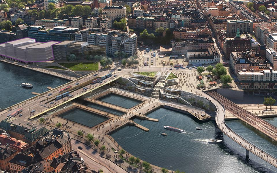 Renderingsbild av nya Slussen, vy från norr. En lila markering visar var Nobel Center ska byggas.
