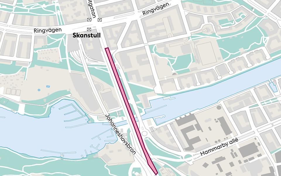 Projektområde för Skanstullsbron markerat i rosa, karta. 