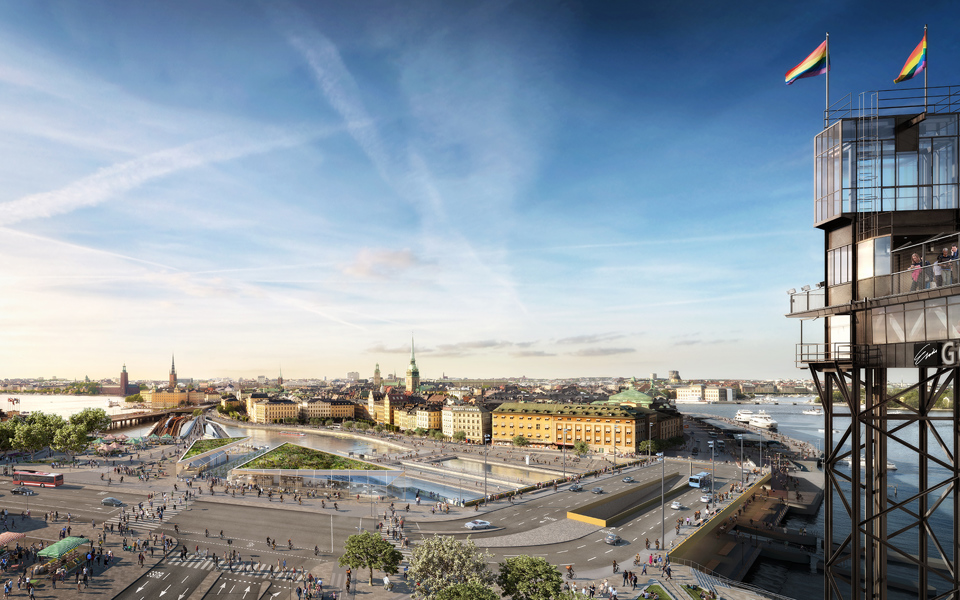 Renderingsbild av nya Slussen. Vy från söder mot norr.