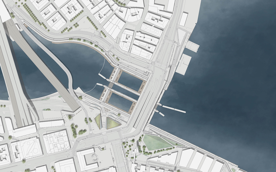 Illustration av nya Slussen, men den nya gång- och cykelbron bredvid tunnelbanebron. Bild: White arkitekter