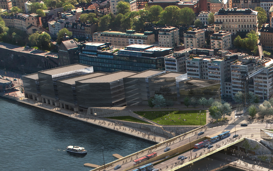 Renderingsbild på nya Katarinaparken och kommande hus vid nya Slussen.