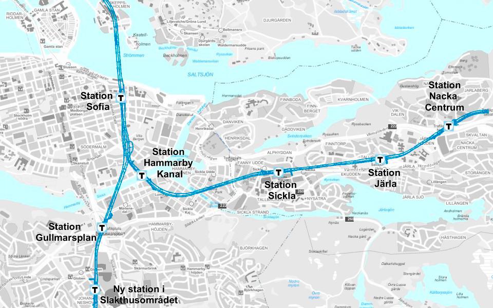 Karta över Stockholm med den nya tunnelbanelinjen utmarkerad.