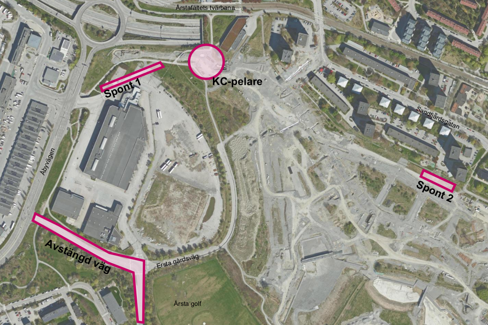 Ungefärliga arbetsområden markerade i rosa.