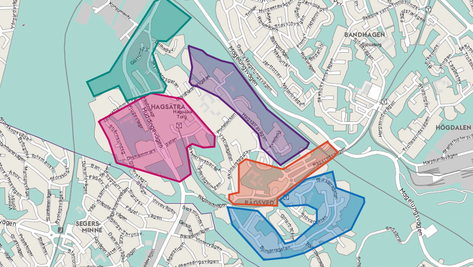 Karta över området med de fem delområdena markerade med olika färger.