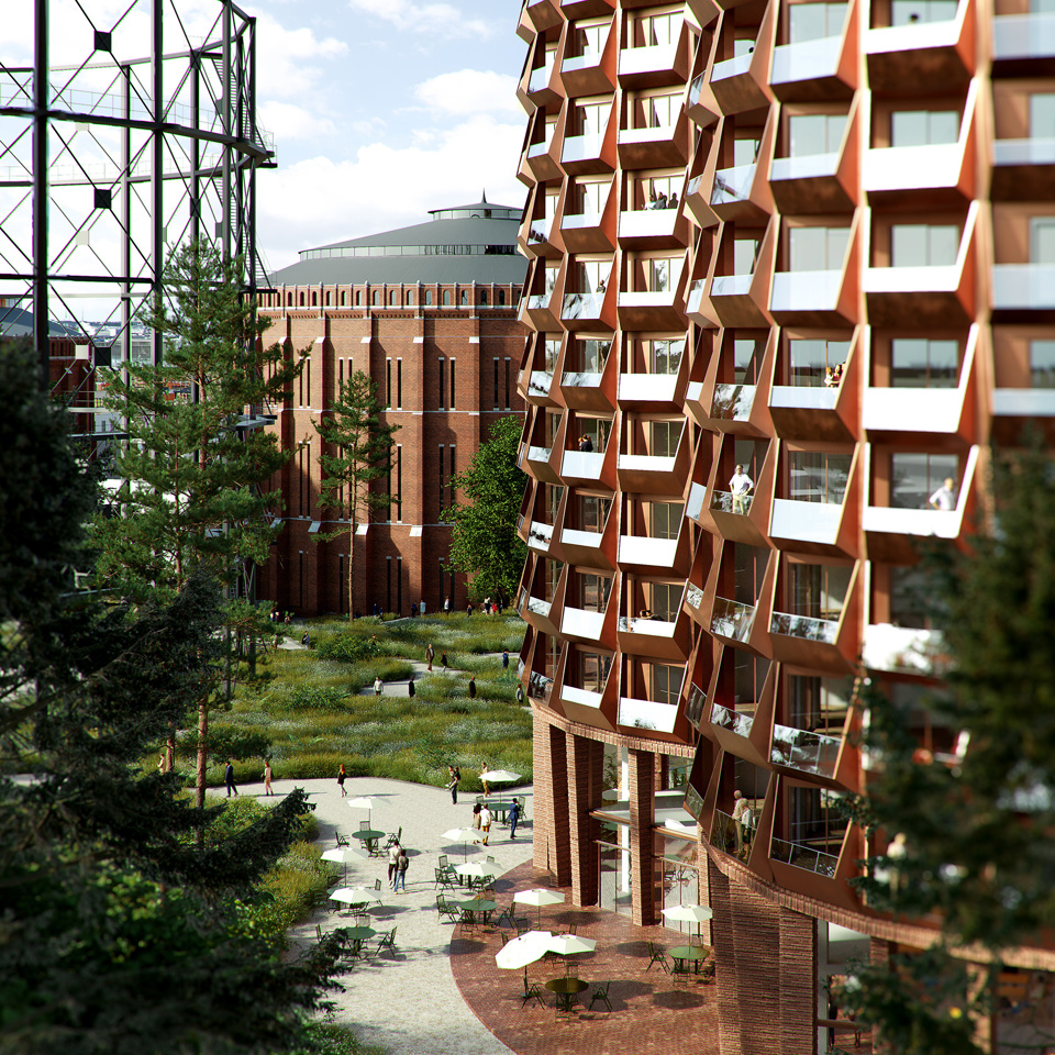 Visualisering. Flerbostadshus i förgrunden intill grönska. I bakgrunden syns andra byggnader. 