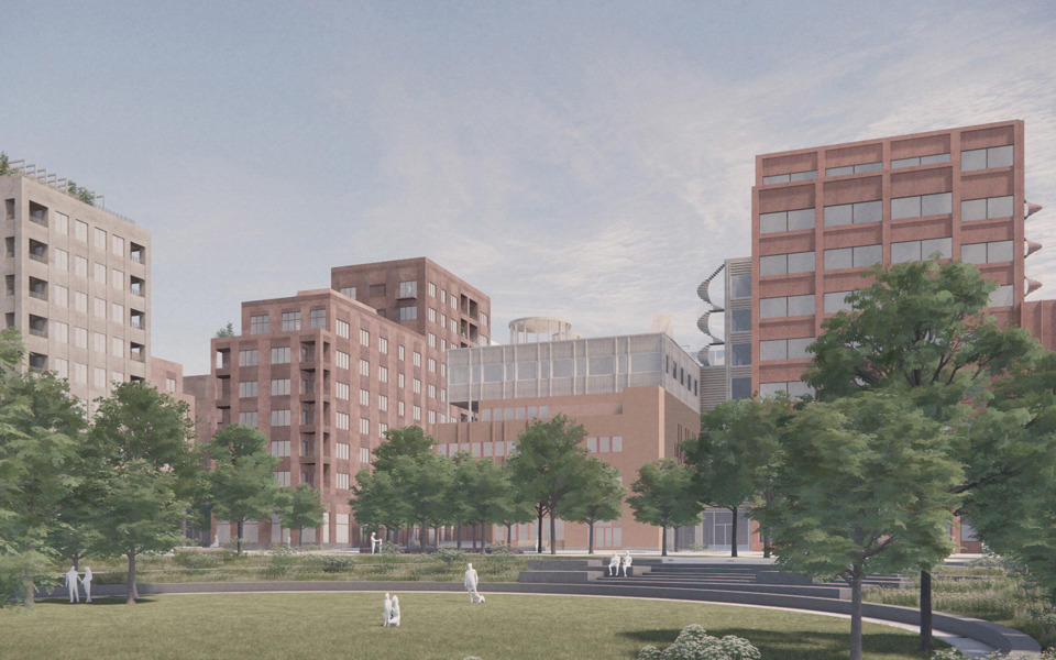 Visionsbild över Centrala parkens nedsänkta gräsrundel. Nedsänkningen skapar ett naturligt rum samtidigt som den kan hantera stora volymer vatten vid skyfall. Illustration: Kjellander Sjöberg