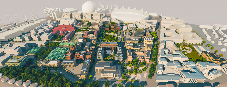 Slakthusområdet i 3D-visualisering med fokus på antagna detaljplaner.