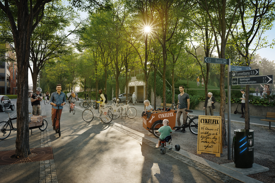 Visionsbild för målet om flexibel och hållbar mobilitet, illustration Nyréns arkitekter.