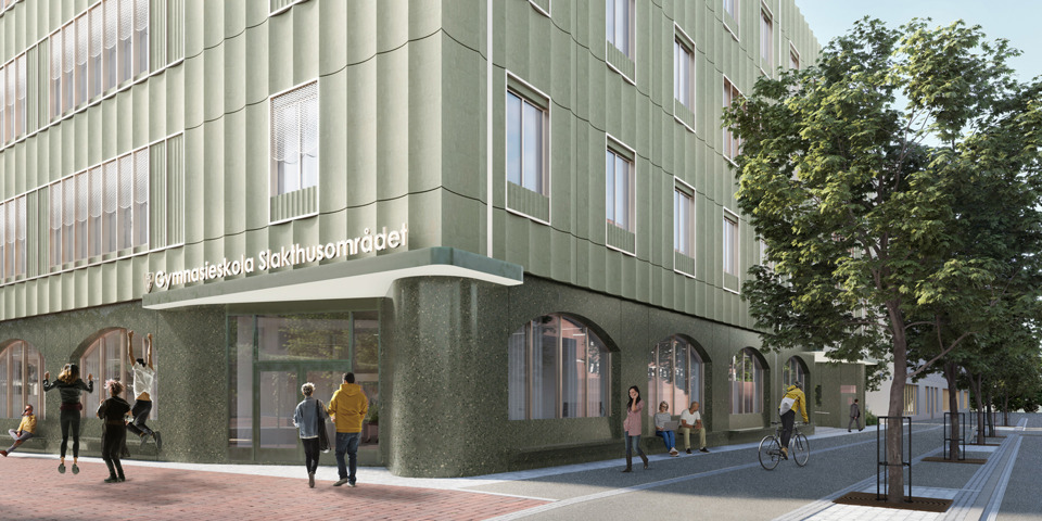 Visionsbild på entrén till den nya gymnasieskolan i Slakthusområdet. Illustration: Cedervall arkitekter