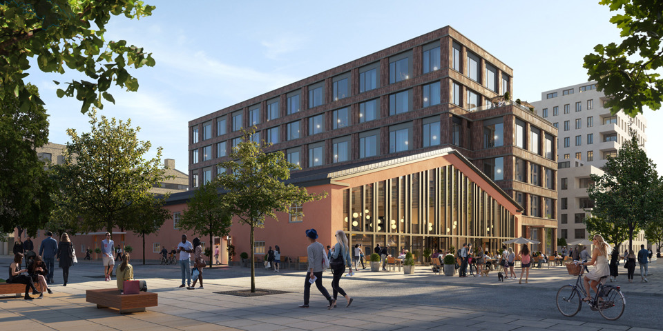 Visionsbild Magasinet med utbyggnad sett från Hallvägen. Illustration: TMRW AIX Arkitekter