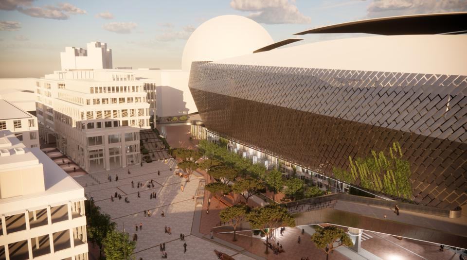 Visionsbild mot Arenavägen mot Evenemangstorget med två nya trappor och broar. 