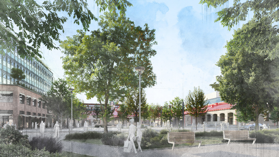 Visionsbild östra delen av parken Fållan med Slakthallarna i bakgrunden.