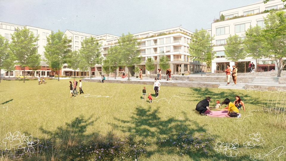 Visionsbild av byggnadernas möte med den ny större parken "Södra parken".